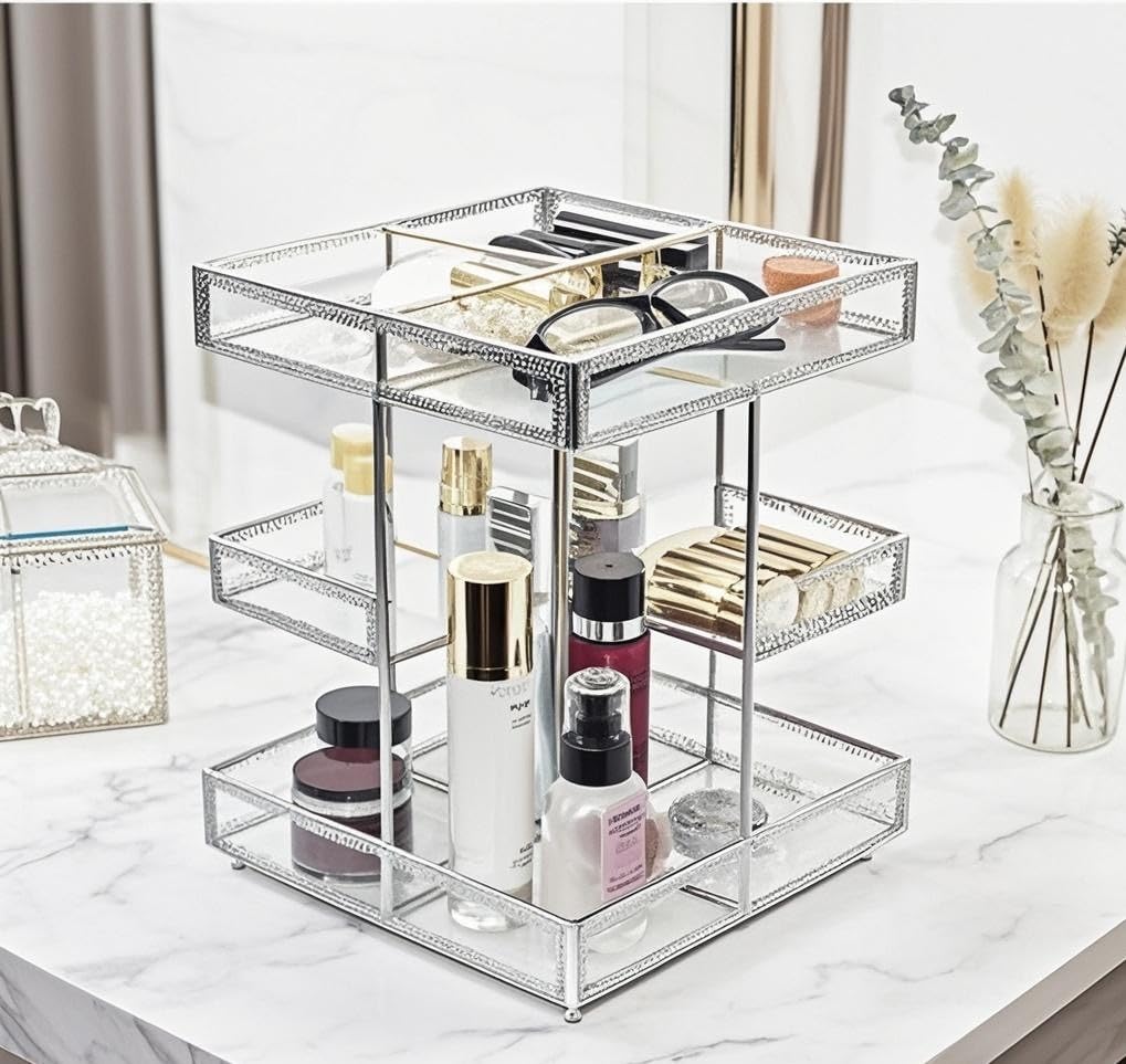 Photo 1 of Hersoo 360 Degree Rotation Cosmetic Organizer -Premium Makeup Storage with Spin Base,Antique Countertop Cosmetic Storage,Large Capacity,Beauty Display for Countertop,Vanity or Bathroom (silver)