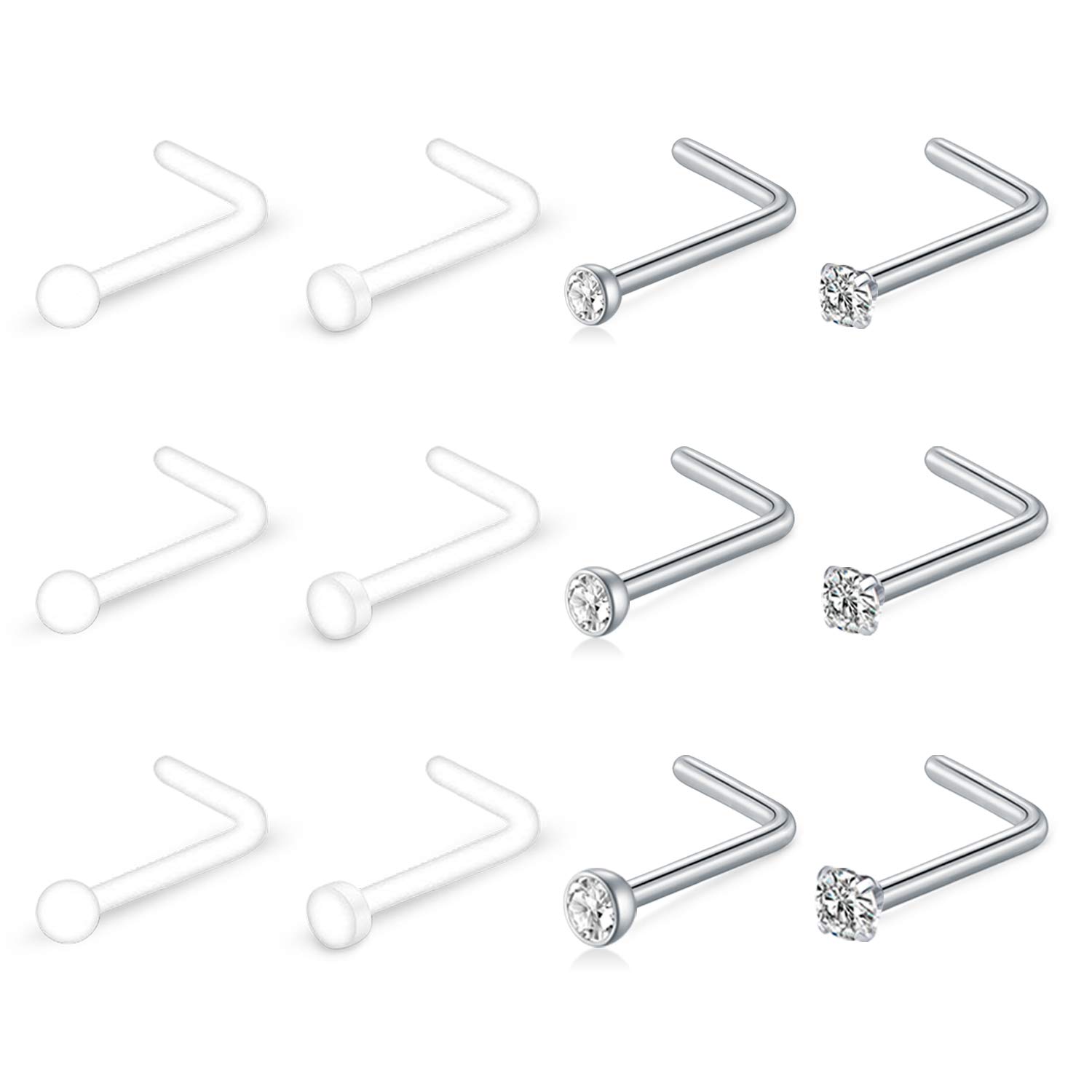 Mayhoop 12 Pcs Clear Nose Studs Retainers 18G Acrylic & Stainless Steel Bioflex L Shaped Nose Rings Nose Studs Nose Piercing Body Jewelry for Men Women CZ 2mm 2.5mm 3mm Silver