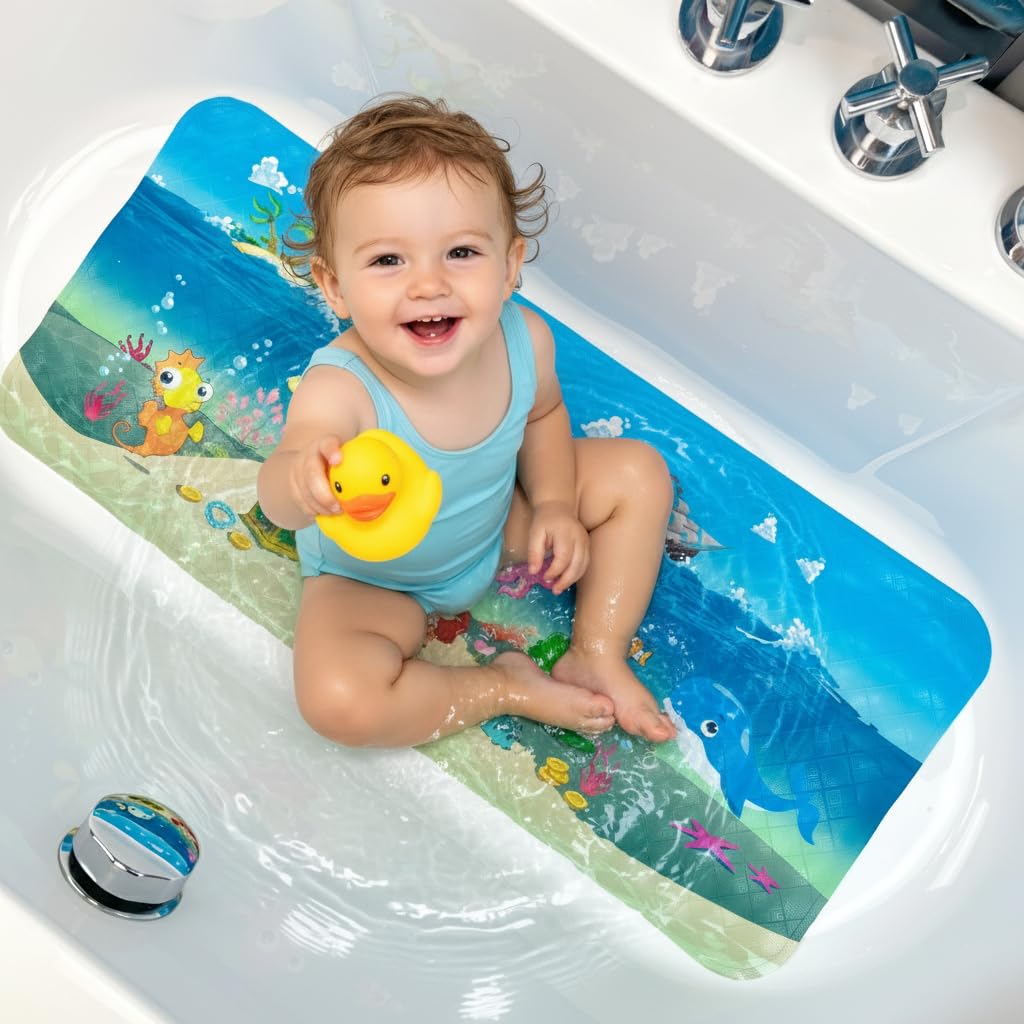 Cartoon Tub Mat, Non Slip Bathtub Mat for Kids & Toddlers, Baby-Friendly, Anti Slip Shower Mat - Fun & Safe Bath Time Experience, 86 X 39 cm (Blue Ocean) (Ships)