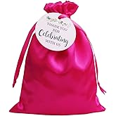 GUFIER 30 PCS Rose Pink Satin Drawstring Gift Bags with Thank You Tags, 5x7" Satin Gift Bags, Silk Jewelry Pouches, Bridal Shower, Wedding, Baby Shower Party Favor