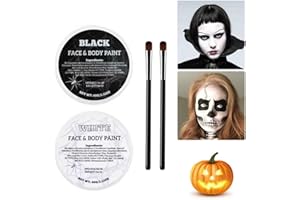 JS2U ZW White Black Oil Face Body Paint Set, Halloween Skeleton Makeup Kit with 2 Brushes, Professional Black and White Face Painting Kit for Halloween Make Up, Sfx Makeup, Theater, Cosplay, Costume, 2 Pack