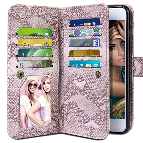 iPhone 6S Case, iPhone 6 Case, Vofolen iPhone 6S Wallet Case Card Holder Slot Snakeskin Texture PU Leather Pocket Folio Flip Case with Wristband Magnetic Detachable Slim Cover for iPhone 6S 6 (Pink)