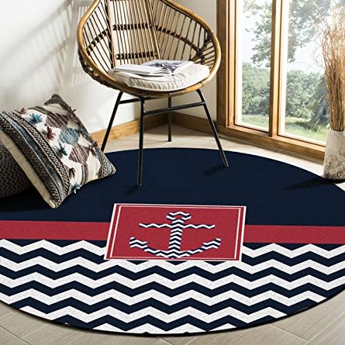 SODIKA Round Rug, Art Deco Non-Slip Machine Washable Indoor Area Rug Mat Living Room Bedroom Study Children Playroom Super Soft Carpet Floor Mat 3 Feet Diameter,Nautical Anchor Chevron Navy and White