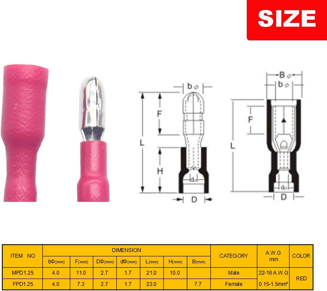 Yosawo 100-pieces Insulated Male/Female Bullet Quick Splice Wire Connector Electrical Crimp Terminal 22-16AWG Red (ZDH) - Image 3