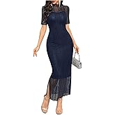 Floerns Women's Contrast Lace Mock Neck Pencil Dress Mesh Short Sleeve Slit Midi Dresses
