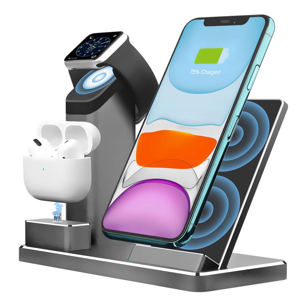 Aluminum Alloy Wireless Charging Stand ZIKU 3 in 1 Wireless Charger Fast Charging Dock Station for Airpods Pro Apple Watch 6/5/4/3/iPhone 11/ pro mas X/XR/Xs Max/8/ Plus (Adapter Included)