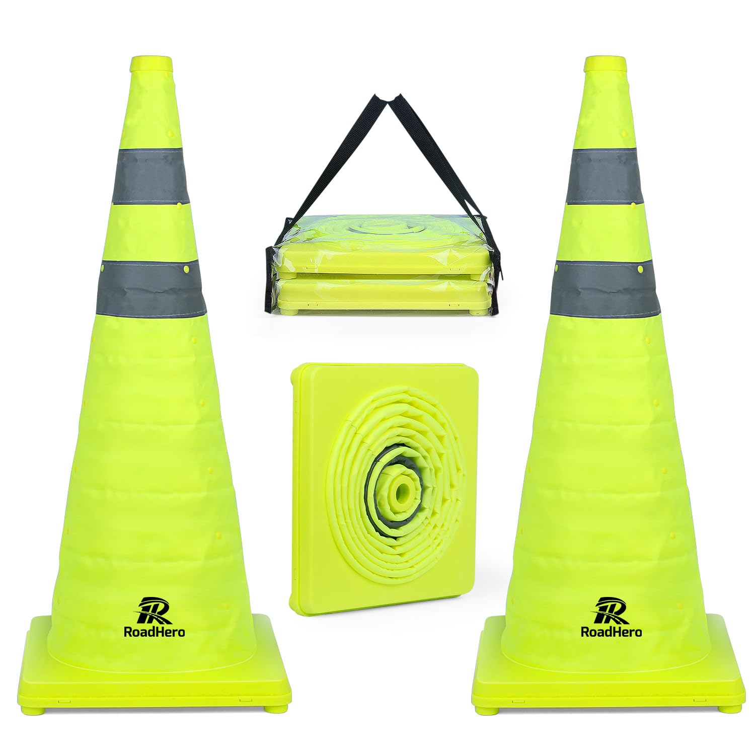 Photo 1 of RoadHero 28 Inch 2 Pack Collapsible Traffic Safety Cones, Lime Green Pop-up Cones with Reflective Collar for Road Safety, Driving Training, Parking Lots