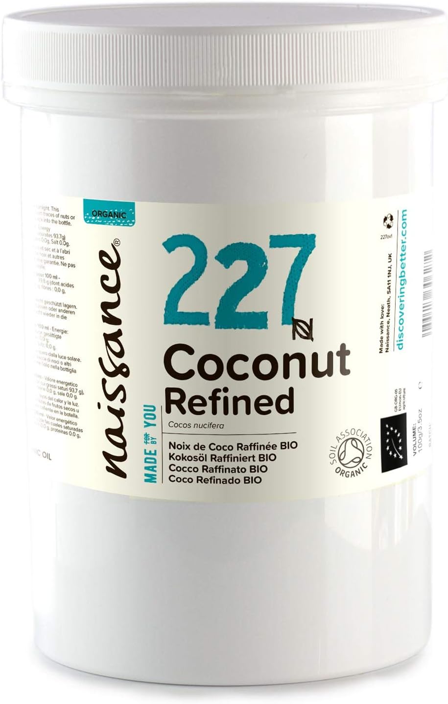 Naissance Organic Refined Coconut (Solid) Oil (No. 227) 500g, Moisturising, Hydrating, for Aromatherapy Skincare, Haircare