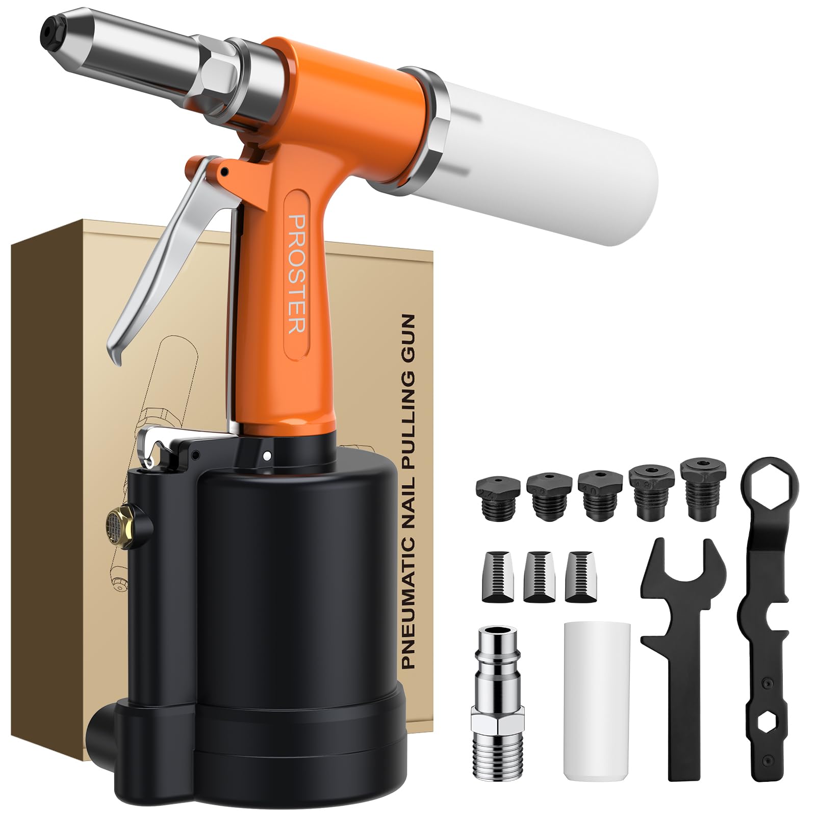 Proster Pneumatic Air Riveter for 2.4mm(3/32"), 3.2mm (1/8"), 4mm (5/32"), 4.8mm (3/16"), 6.4mm (1/4") Capacity Rivet 1780KGF Rivet Tool Pop Rivet Gun Set with 5 Types of Nozzles