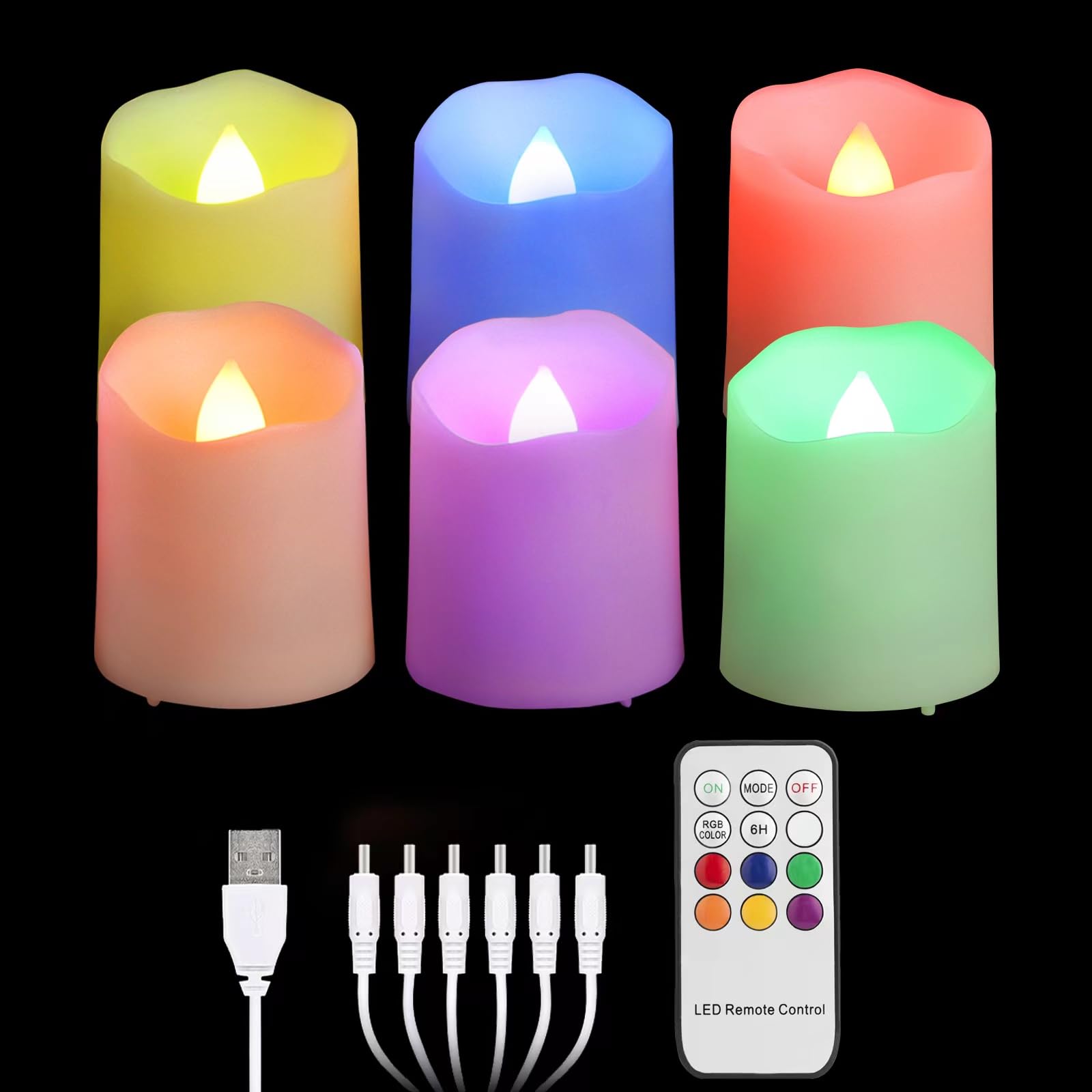 FREEPOWER 6pcs Rechargeable LED Tea Lights Colour Changing with Remote and Timer Dimmable Electric RGB Flameless Candles Flickering with USB Charging Cable, Home Party Halloween Christmas Decor