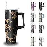 Golden Dragon Tumbler with Handle and Straw, 40 oz Stainless Steel Pink Insulated Cup with Lid and Straw,Travel Coffee Mug Water Bottle, Birthday Christmas Mothers Day Gifts for Animal Lovers Women