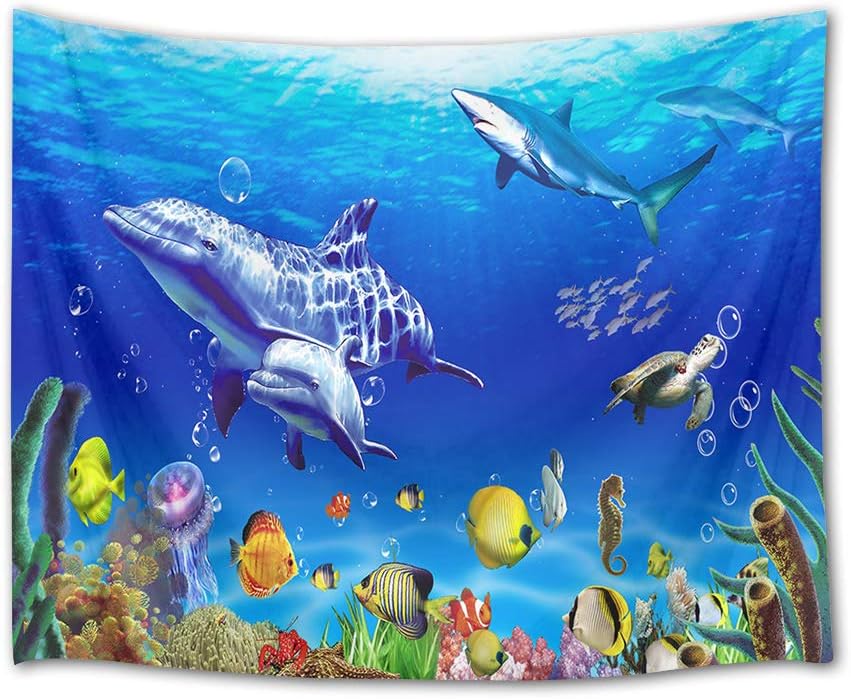 HVEST Marine Life Wall Tapestry Dolphin Shark Turtle and Fish Under Blue Sea Wall Hanging Ocean Tapestries for Kids Bedroom Living Room Dorm Wall Decor Birthday Party Background,92.5Wx70.9H inches