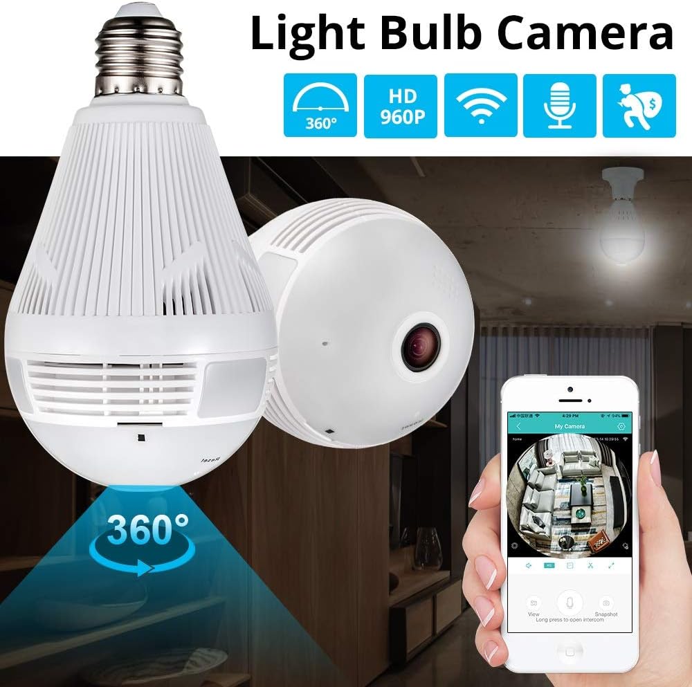 XINHUANG 960P LED Wireless Panoramic Home Security WiFi CCTV Fisheye Lamp IP Camera Lamp Shaped 360 Degree Home Security Burglar Protection (Size : 960p)