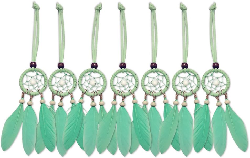 Mini Dream Catcher 7pcs Set - Car Interior Rearview Mirror Dangle Bag Pendant Charm 1.2" Diameter and 9" Long (Mint Green)