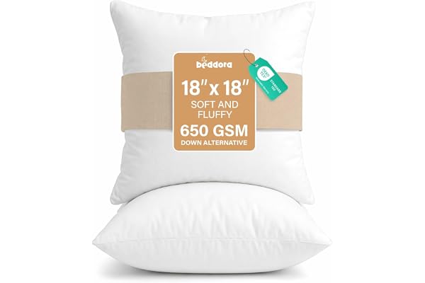 Beddora Throw Pillows (Set of 2, White) 18x18 Pillow Inserts Down Alternative, Throw Pillows for Couch, Bed or Sofa- Fluffy D