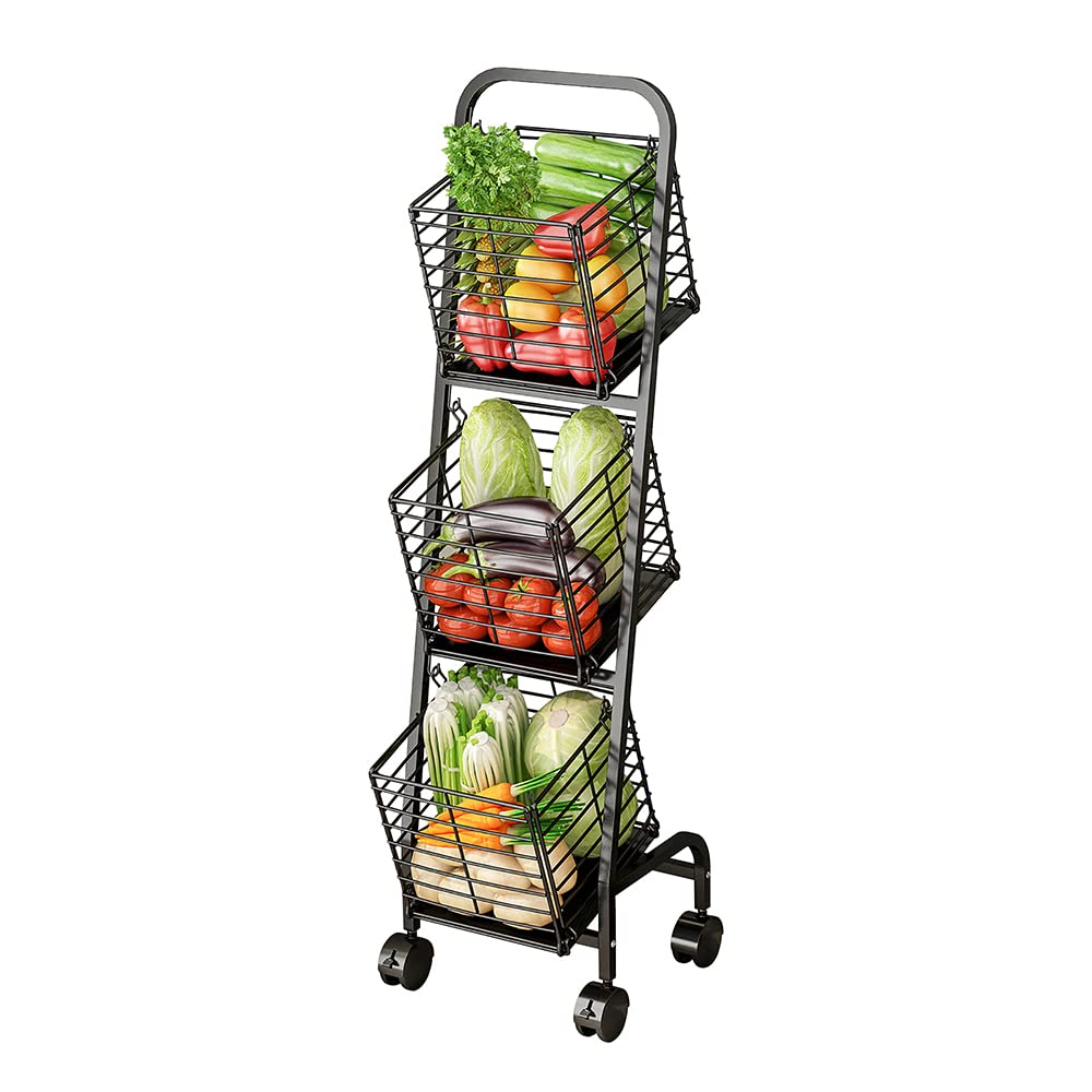 Photo 1 of 3-Tier Fruit Basket Stand for Kitchen, Wire Market Basket Food Storage Stand with Wheels, Vegetable Produce Pantry Basket Organizer