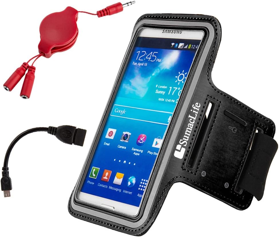 SumacLife Sport Armlet Black (Key Slot) Fit Up to 5.5 x 3 inch for BLU Dash L3, Advance 4.0 L3, Vivo 5 Mini, Tank Xtreme 4.0, 2.0 Combo with Micro USB to OTG Adapter and Headphone Splitter Cable