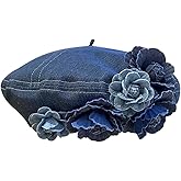 Besforta Flower Denim Beret Hat for Women French Style Artist Hat Painter Hat Casual Beanie Cap