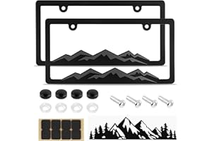 2PCS Car License Plates Frames with Raised Mountain Pattern & Mountain Car Decal,Stylish Cars Plates Frame with Screws & Caps