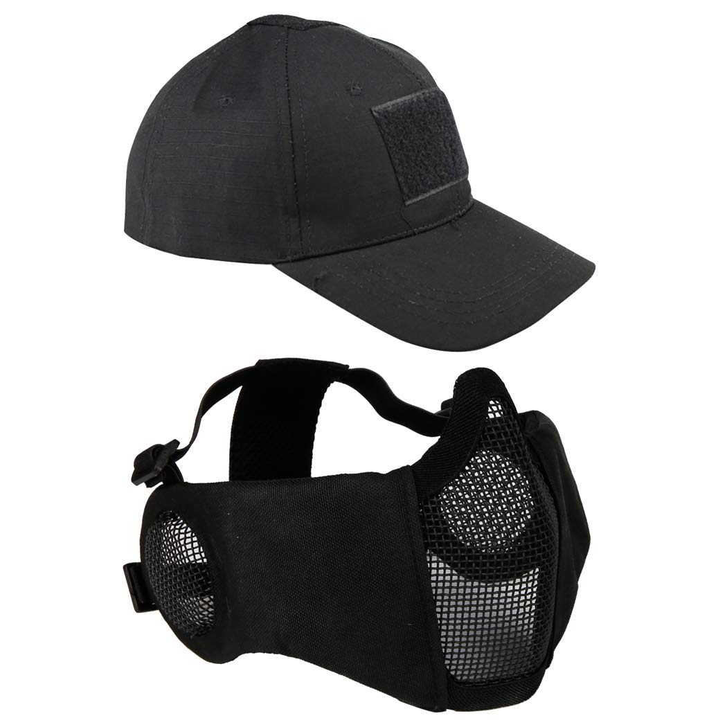 AOUTACC Airsoft Mesh Mask with Ear Protection and Adjustable Baseball Cap Set for Cosplay/CS/Hunting/Paintball/Shooting (Black)