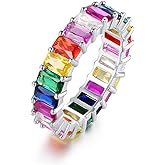 Eternity Rainbow Ring Wedding Band for Women | 18K Gold Plated Emerald-Cut Rainbow Multi Color Created-Gemstone Eternity Ring
