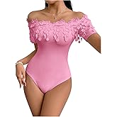 OYOANGLE Women's Floral Appliques Off Shoulder Bodysuit Tops Short Sleeve Dressy Going Out Tops