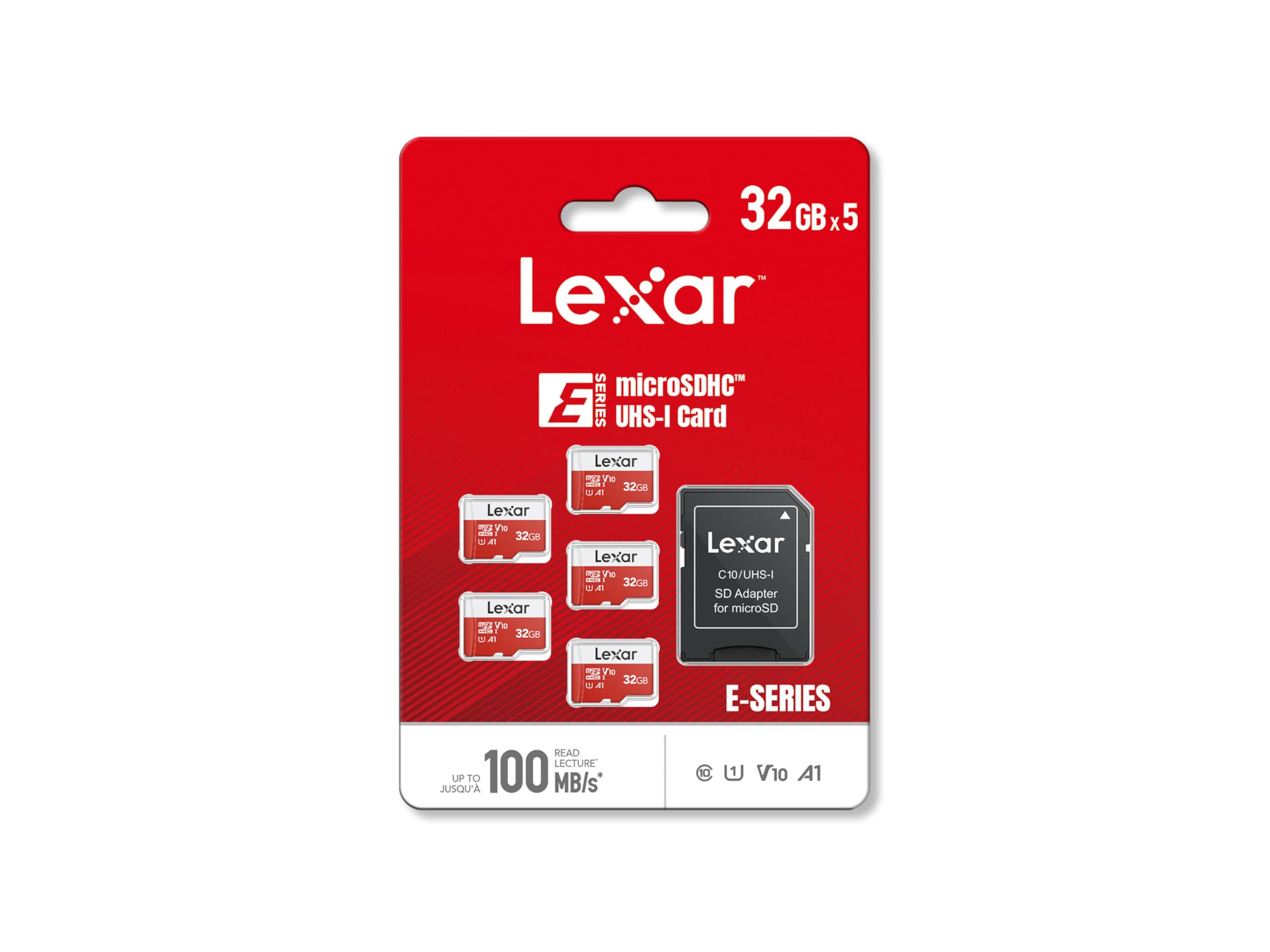 Lexar E-Series 32GB Micro SD Card 5 Pack, microSDHC UHS-I Flash Memory Card with Adapter, 100MB/s, C10, U1, A1, V10, Full HD, High Speed TF Card