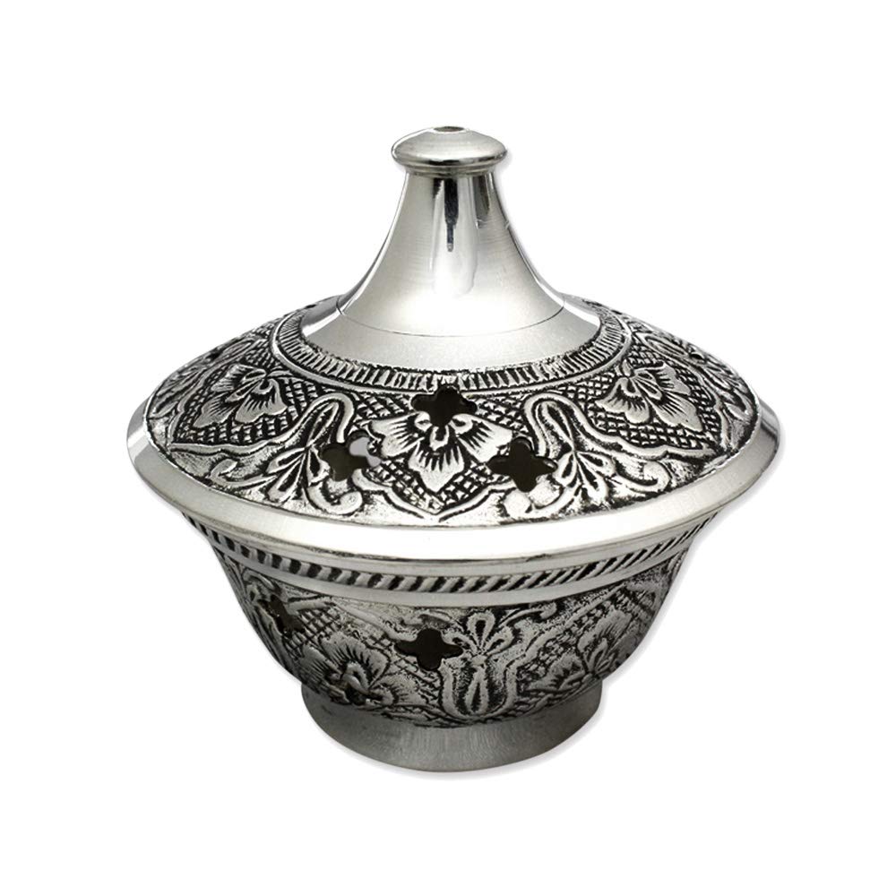 NKlaus incense burner Ø 7cm brass nickel plated incense bowl with sieve and lid for incense incense resins on incense charcoal charcoal tablets on sand 2989