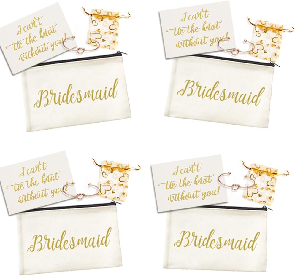 Ibride Bridesmaid - Canvas Cosmetic Pouches for Wedding Favors and Proposal Card with Rose Love Knot Bracelets