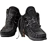 MOYOWEI Women's Vintage Cowboy Fringed Ankle Boots,Lightweight Comfy Suede High Top Round Toe Hippie Moccasin Short Booties