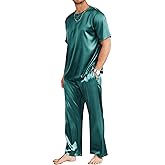 Ekouaer Mens Silk Satin Pajama Set Short Sleeve Sleepwear Silky Loungewear with Long Pants