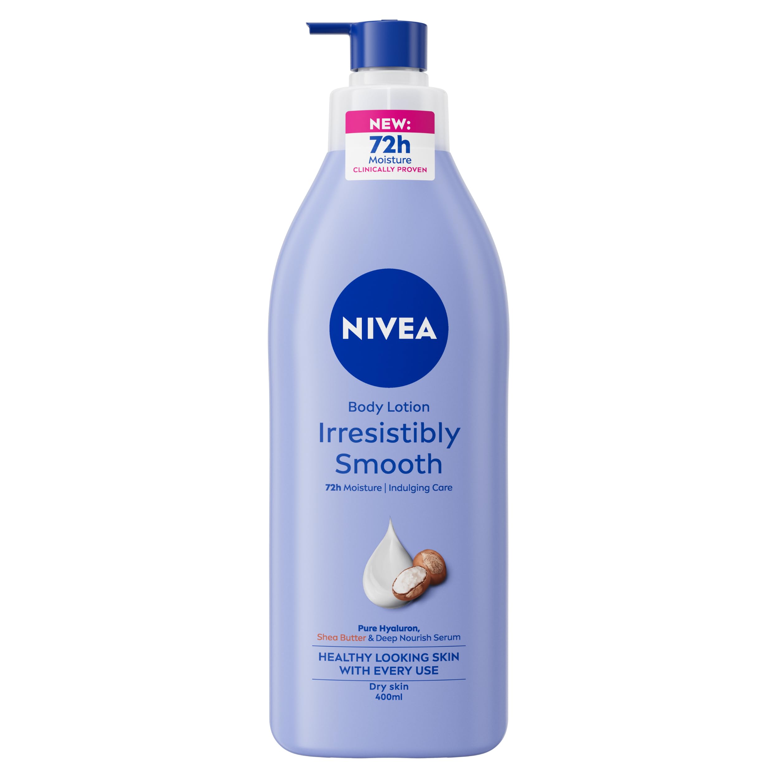 NIVEA Irresistibly Smooth Body Lotion (400ml), 72H Hydration NIVEA Moisturiser for Soft and Smooth Skin Made with Pure Hyaluron and Shea Butter, Intensive Moisturising Body Moisturiser