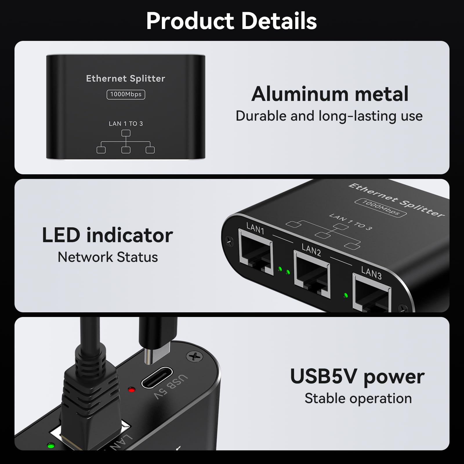 PVBCTCSID LAN Splitter 1 Auf 3 1000Mbps Netzwerk Switch Verteiler Gigabit Ethernet Switch 3 Port RJ45 LAN Kabel Splitter Unterstützt 3 Geräte Gleichzeitig Funktioniert mit Cat5/5e/6/6e/7/8 Kabeln 6
