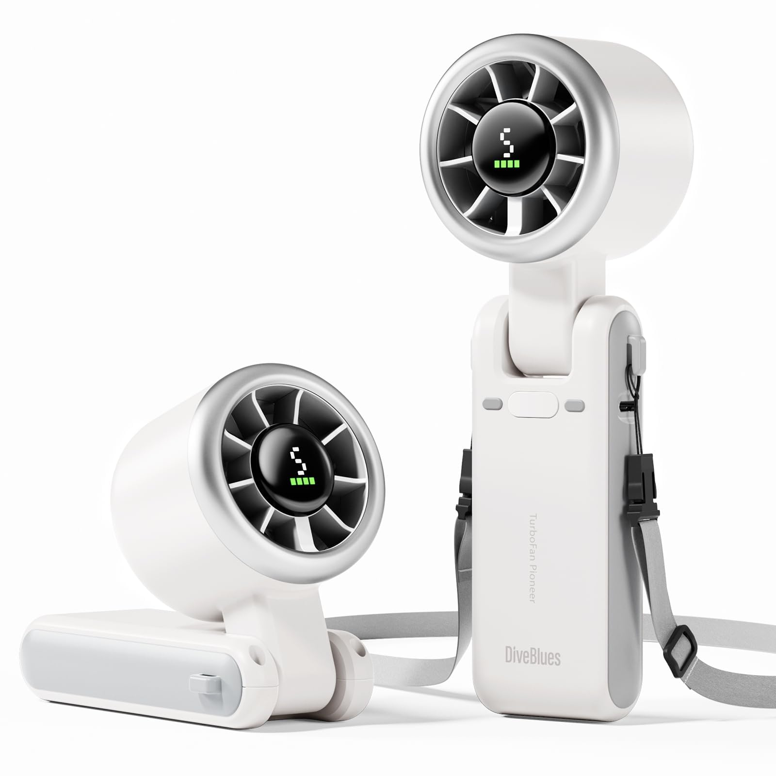 Diveblues Portable Handheld Turbo Fan, 5 Gear Wind, Battery Operated, Up to 12 Working Hours, 3 IN 1 Hand Fan with Air Turbo Tech Cooling Fan for Outdoor Activities, Travel, Working, Silvery white