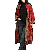 LUZU JUNU Women's Cotton Padded Floral Jacket Kimono Soft Quilted Flower Printed Long Loose Outwear Coats