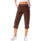 GRAPENT Capri Cargo Pants for Women High Waisted Pull On Elastic Waist Stretch Twill Fold Hem Capris Pants with Pockets