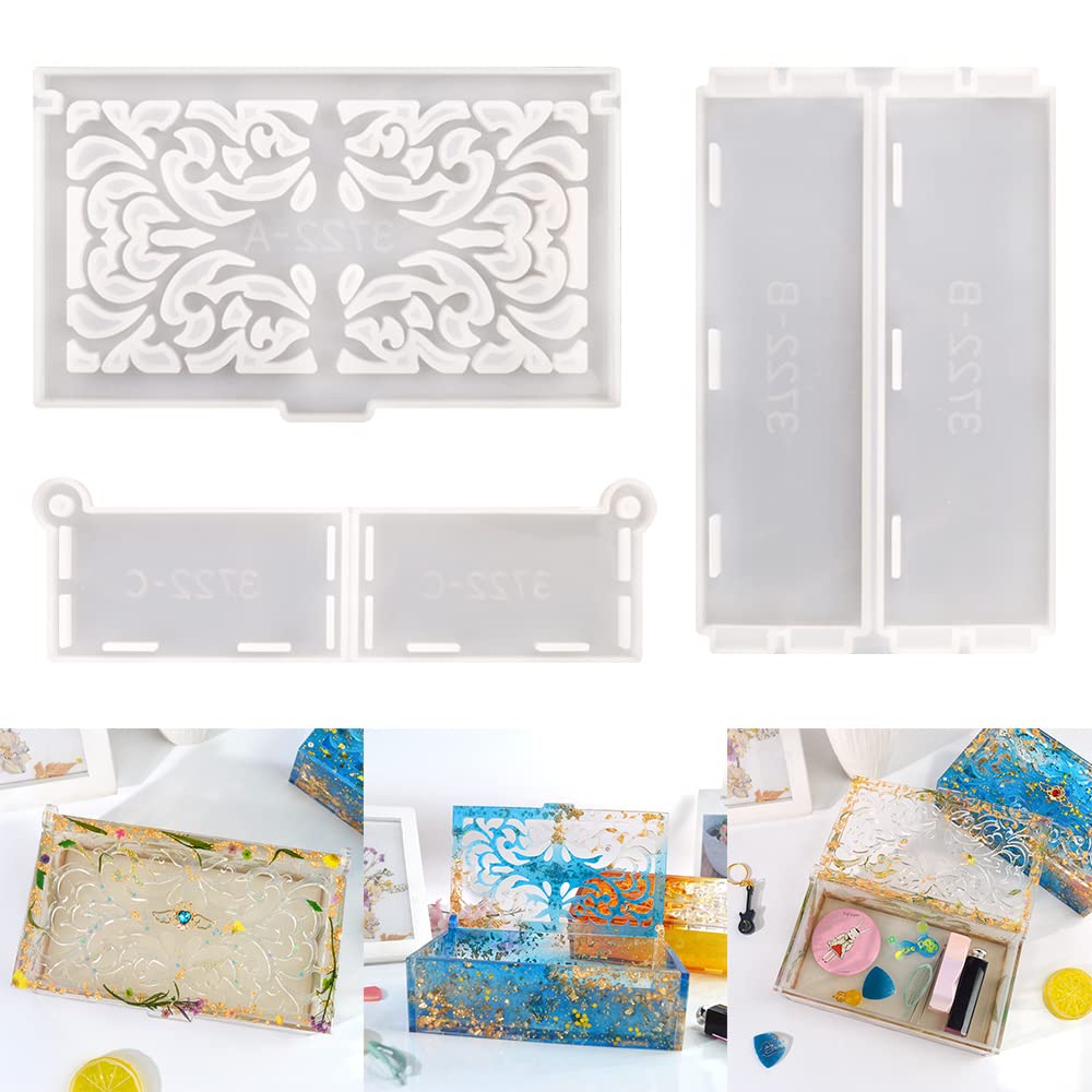 Photo 1 of RESIN GO Domino Box Resin Molds, Large Rectangle Carved Container Epoxy Resin Silicone Mold with Lid Set for Casting, Storage Gift Trinket Makeup Holder Resin Molds for Jewelry Napkin Candy Crafts
