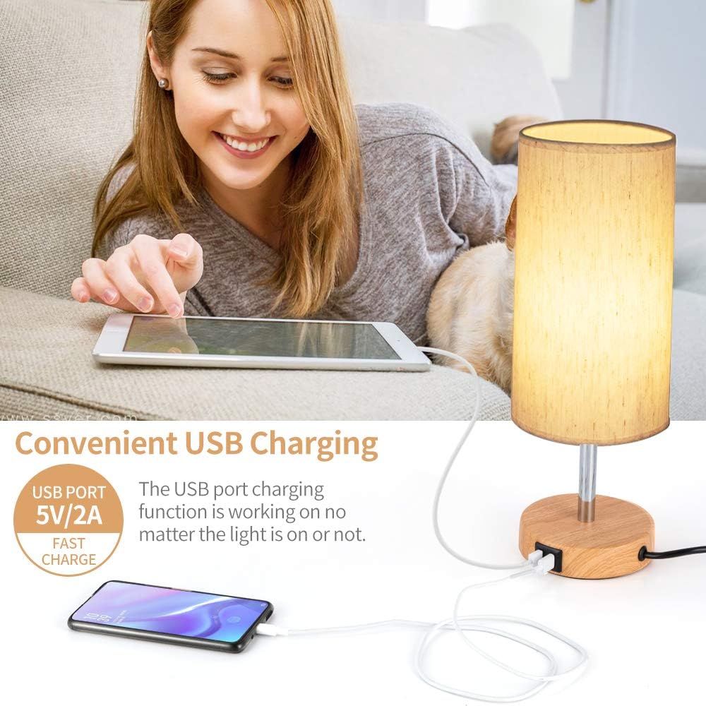 Bedside Lamp with USB port - Touch Control Table Lamp for Bedroom Wood 3 Way Dimmable Nightstand Lamp with Round Flaxen Fabric Shade for Living Room, Kids Room, College Dorm, Office(LED Bulb Included) - - 