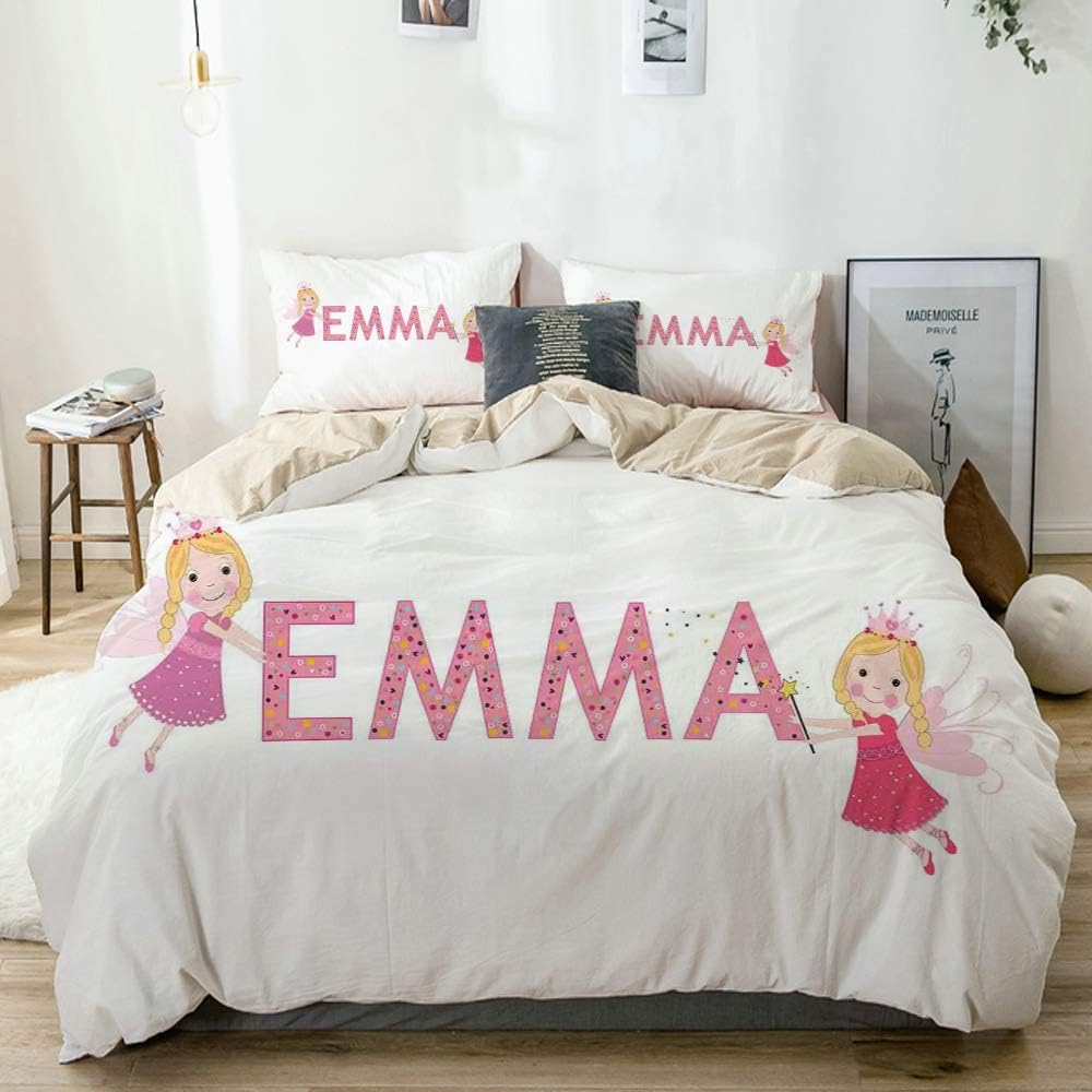 YOLIKA Duvet Cover Set Cute Fairy Princesses Holding a Popular Widespread Girl Name with Polka Dots Pattern Beige Decorative 3 Piece Bedding Set with 2 Pillow Shams King Size