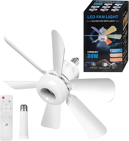 FIBRAVE Ceiling Fan Light, Fan Lights with Remote Control, Stepless Dimmable 30W 1800 Lumens 3000-6500K 3-Color 3-Speed, 16.93'' Small Ceiling Fan with Light for Bedroom,Bathroom(White)
