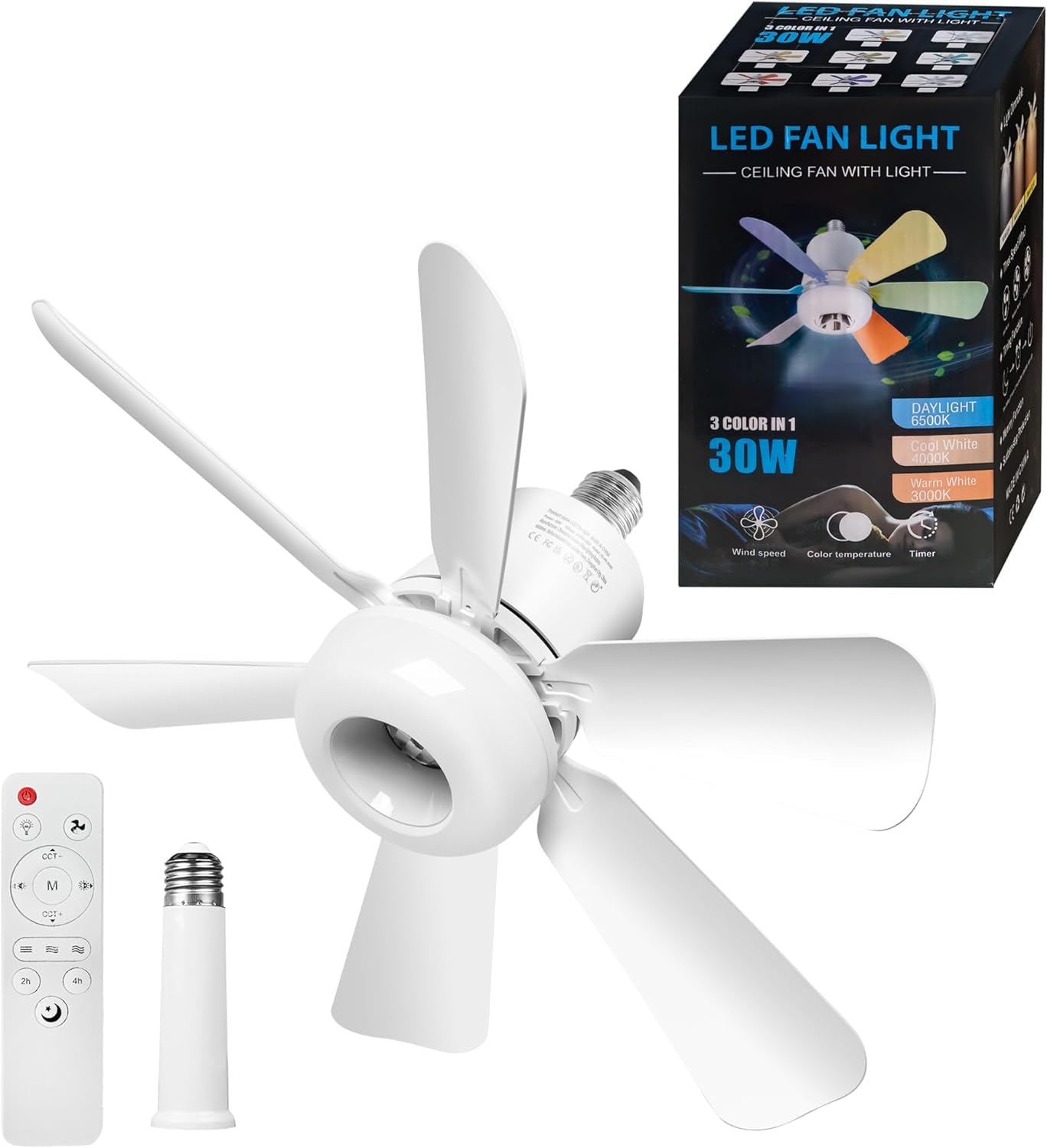 FIBRAVE Ceiling Fan Light, Fan Lights with Remote Control, Stepless Dimmable 30W 1800 Lumens 3000-6500K 3-Color 3-Speed, 16.93'' Small Ceiling Fan with Light for Bedroom,Bathroom(White)