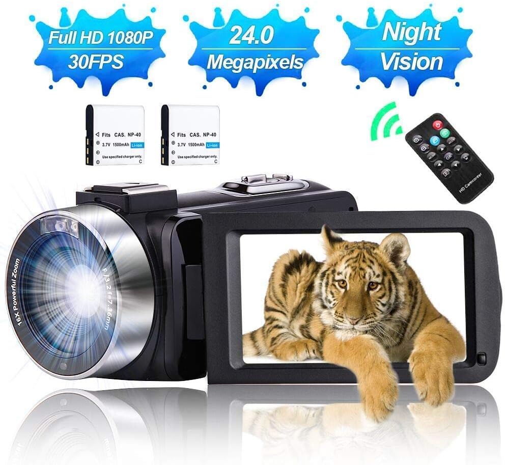 Camcorder Video Camera Vlogging Camera Full HD 1080P 30 FPS 24.0 MP YouTube Digital Camera with IR Night Vision 3.0” IPS Screen 16X Digital Zoom Vlog Camera with Remote Control