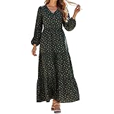 Women's Floral Tiered Maxi Dress Long Puff Sleeve V Neck Boho Casual A-Line Flowy Dress