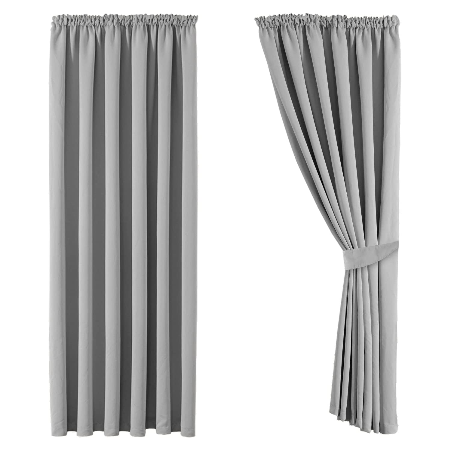 Aspire Homeware Blackout Curtains for Living Room Pencil Pleat Light Grey Bedroom Curtains Tape Top 66 x 72 Drop Super Soft Thermal Insulated Window Curtain Drapes Pair Panel + Tiebacks