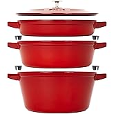STAUB Cast Iron Set 4-pc, Stackable Space-Saving Cookware Set, Dutch Oven, Skillet, Grill Pan with Universal Lid, Made in France, Cherry
