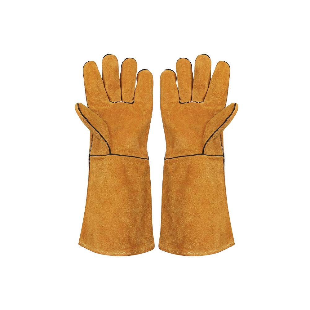 FZTEY High Temperature Gloves, Stove, Fireplace Welders Ultimate Thermal Fire, Cut, Knife Resistant Safety Work Protective Leather Gauntlets For BQQ, Welding, Oven, Grill, Mig Gardening (Yellow)