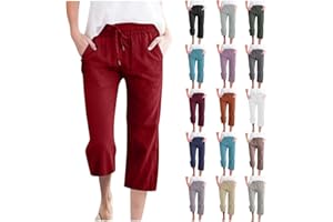 APIVOE Linen Capri Pants for Women Casual Summer Drawstring Capris Cotton Wide Leg Elastic Waist Cropped Pants with Pockets