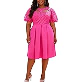 AOMEI Women's Rose Cut Out Puff Sleeve Hollow Out Lace Patchwork High Waist A-Line Dress