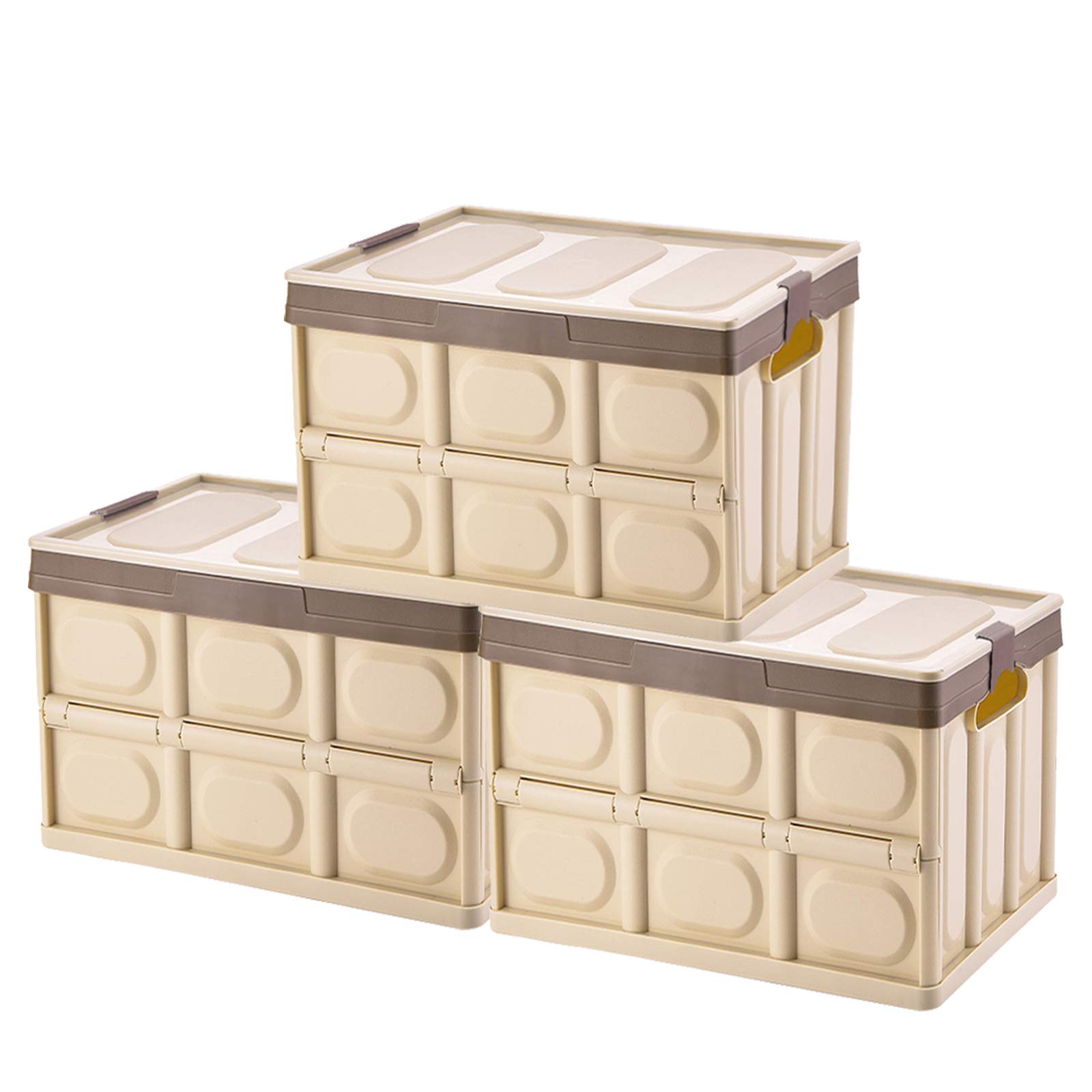 Photo 1 of Phyllia Foldable Storage Boxes with Lids, 3-Pack Collapsible Plastic Storage Bins Organizer Containers Baskets Cub with Cover,Stackable Utility Crates Storage Box (Brown, 30L)