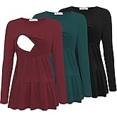 Bearsland Women’s Nursing Top 3pack Long Sleeve Scoop Neck Breastfeeding Shirts Nursing Shirt